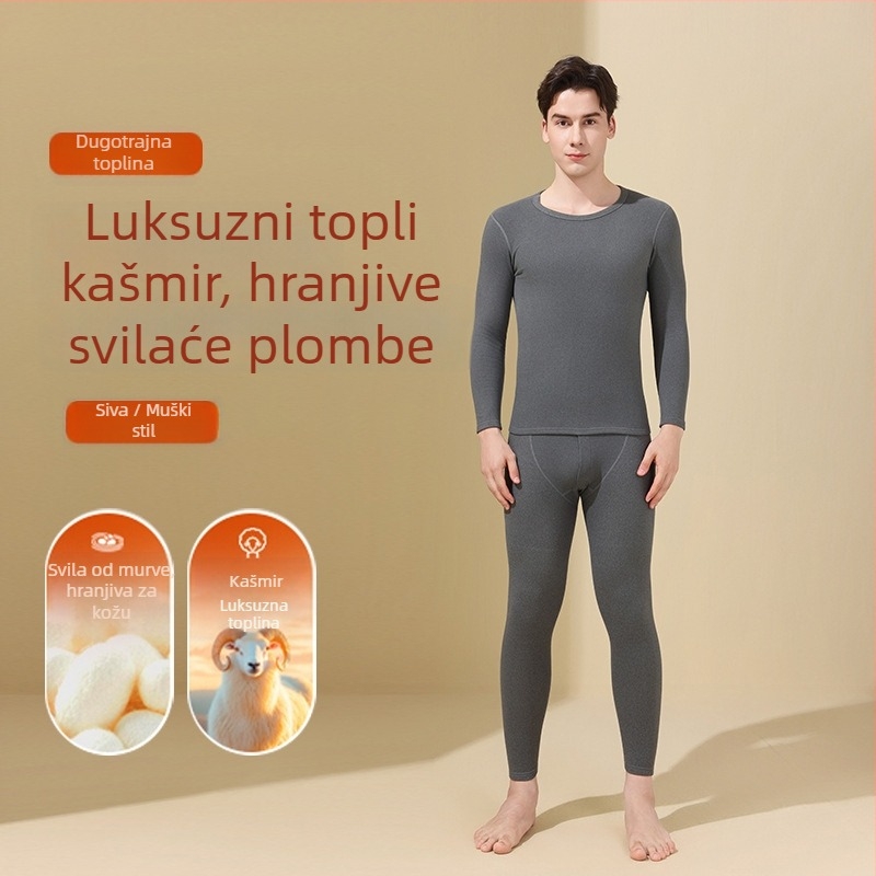 Termalni set donjeg rublja od vune i svile, unisex, s okruglim izrezom, top i hlače, jednovrstni, s vunenim zakrpama