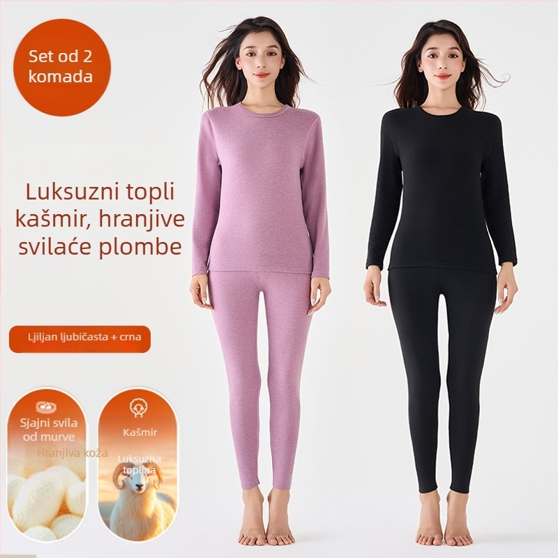 Termalni set donjeg rublja od vune i svile, unisex, s okruglim izrezom, top i hlače, jednovrstni, s vunenim zakrpama