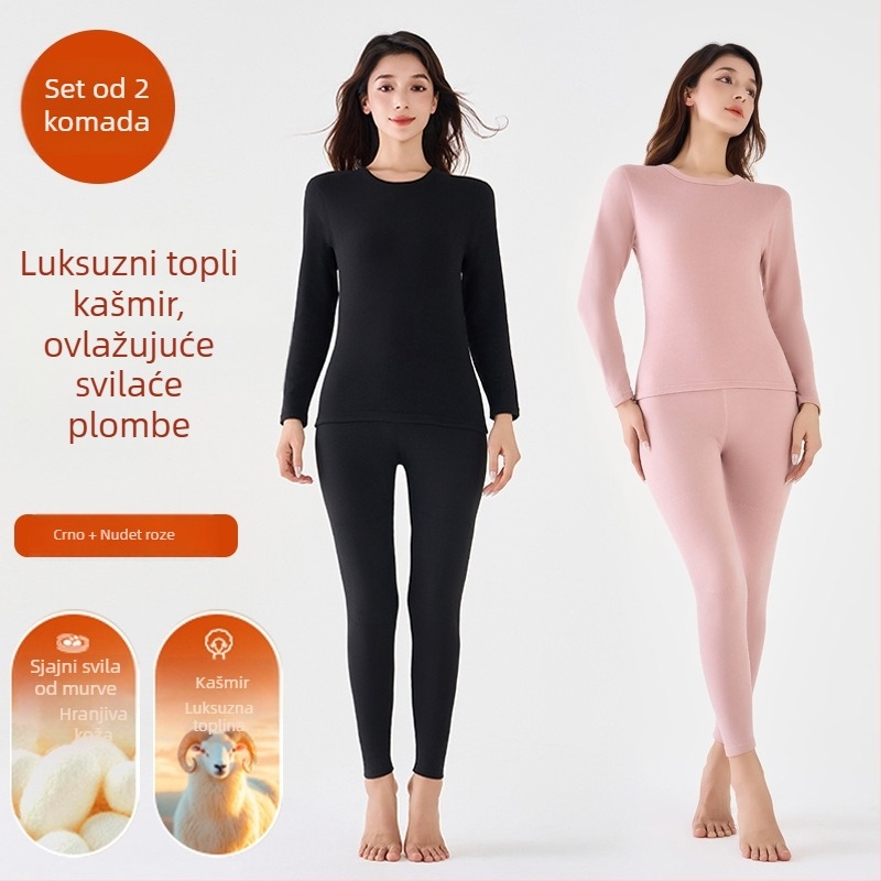 Termalni set donjeg rublja od vune i svile, unisex, s okruglim izrezom, top i hlače, jednovrstni, s vunenim zakrpama