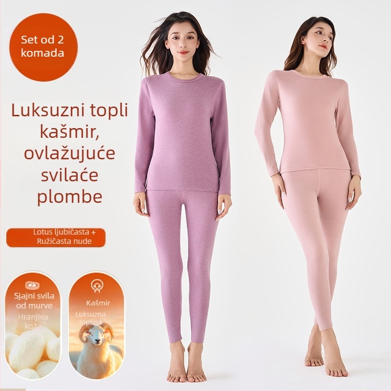 Termalni set donjeg rublja od vune i svile, unisex, s okruglim izrezom, top i hlače, jednovrstni, s vunenim zakrpama