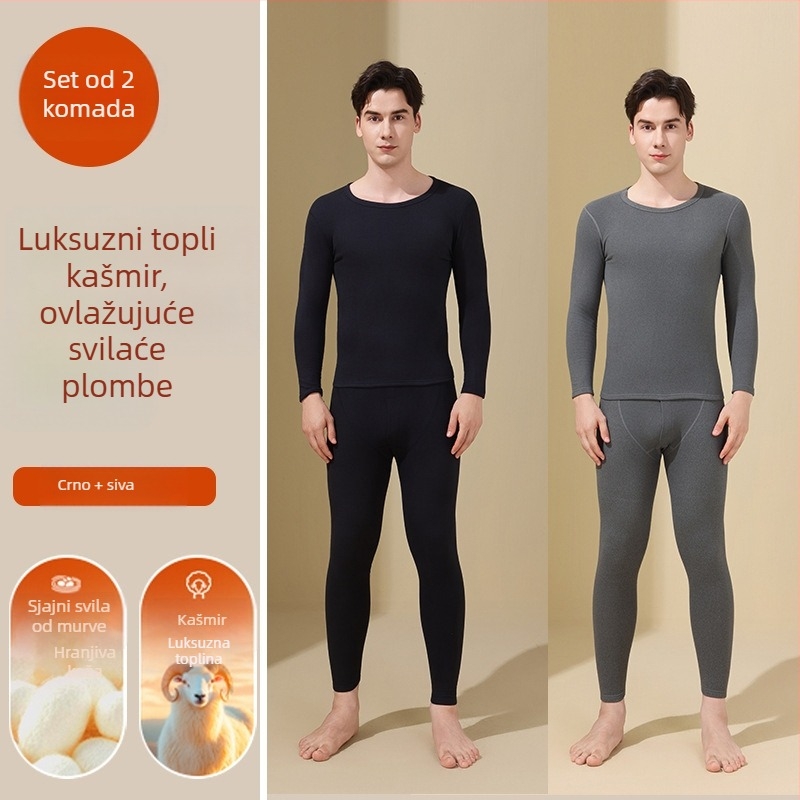 Termalni set donjeg rublja od vune i svile, unisex, s okruglim izrezom, top i hlače, jednovrstni, s vunenim zakrpama