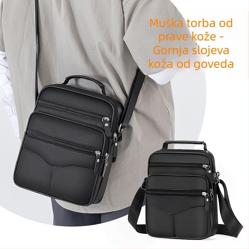 Muška kožna torbica preko ramena - pravi kožni materijal, gornji sloj teleće kože, vodootporna, ultralagana, Cross-border trend
