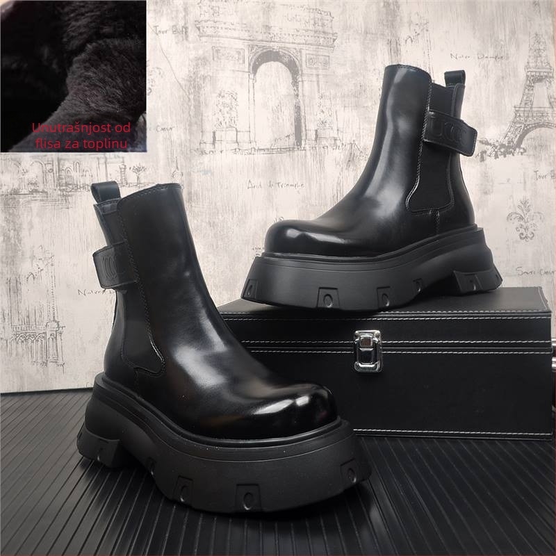 Muške Chelsea čizme od prave kože, s gumom, unutrašnjom oblogom od umjetnog kratkog pliša, zimska 2024