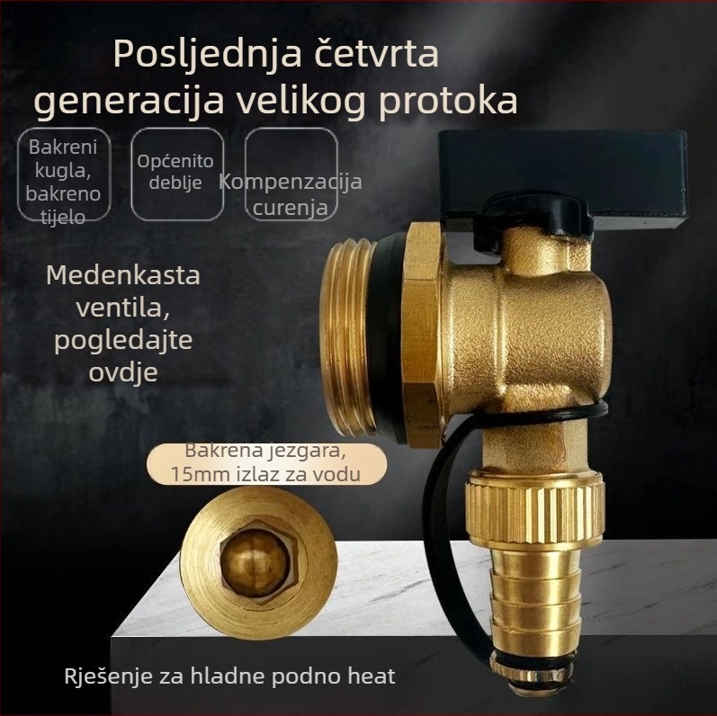 Razvodnik za podno grijanje s odvodenim ventilom velikog protoka, bakar, navoja spoj, radna temperatura 0–100 °C, voda