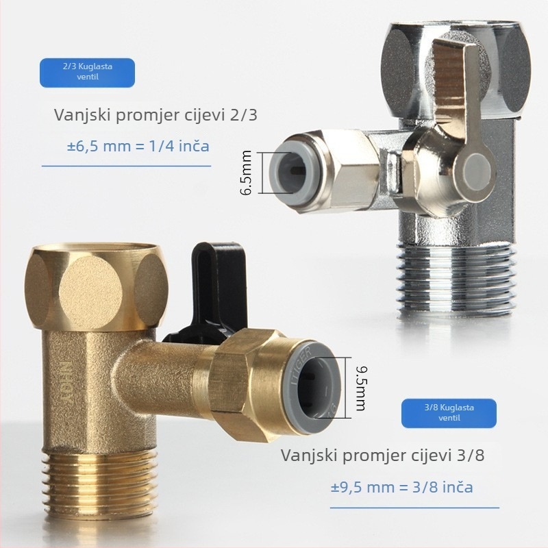 Ventil s tri puta za pročišćivač vode, bakar, model JS1038-3, okretni montažni, 0–90 °C, voda