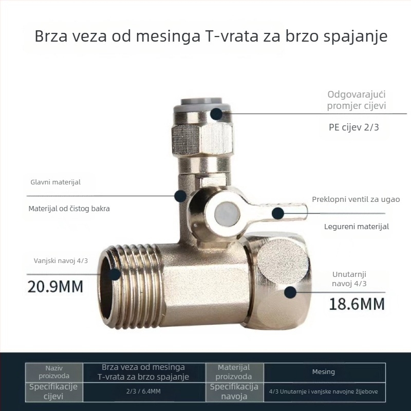 Ventil s tri puta za pročišćivač vode, bakar, model JS1038-3, okretni montažni, 0–90 °C, voda