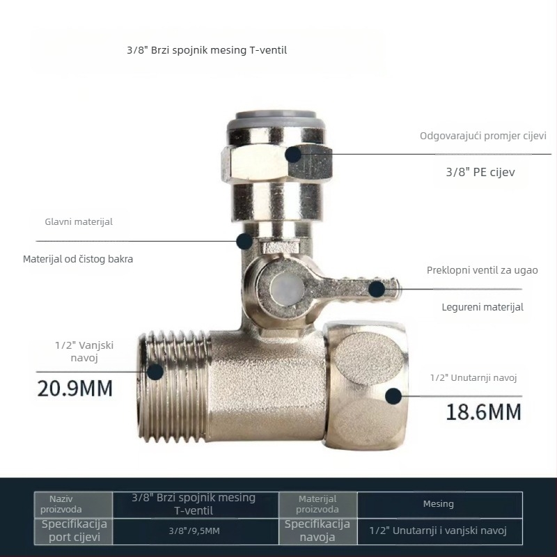 Ventil s tri puta za pročišćivač vode, bakar, model JS1038-3, okretni montažni, 0–90 °C, voda