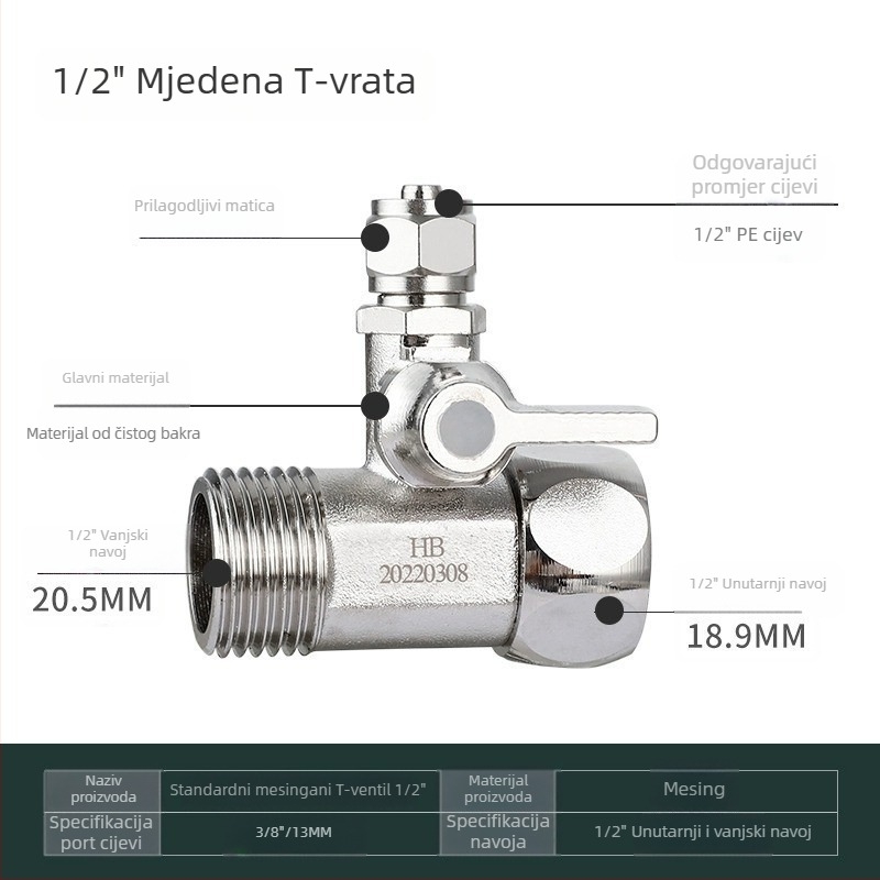 Ventil s tri puta za pročišćivač vode, bakar, model JS1038-3, okretni montažni, 0–90 °C, voda