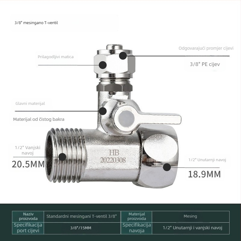 Ventil s tri puta za pročišćivač vode, bakar, model JS1038-3, okretni montažni, 0–90 °C, voda