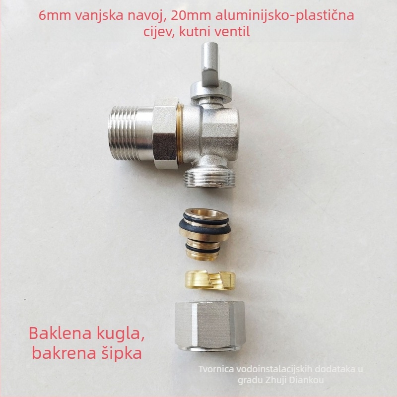 Bakreni razvodni ventil za podno grijanje vode, 90° kut, 25/32PPR ulaz-izlaz, navojno spojenje