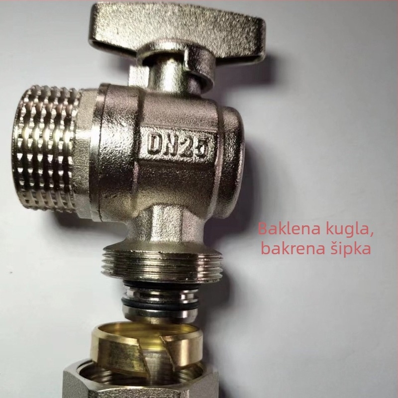 Bakreni razvodni ventil za podno grijanje vode, 90° kut, 25/32PPR ulaz-izlaz, navojno spojenje