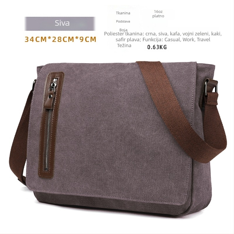XYISI muška torba preko ramena od platna, casual stil, prozračna i otporna na habanje, podstava od poliestera