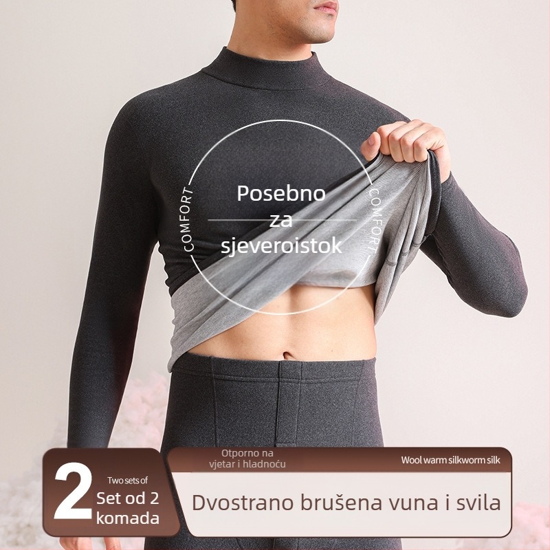 Muški termalni komplet donjeg rublja s flisom i velurom, od akrilnih vlakana 70–80%, gustoća tkanine 181–200 g/m², dugi rukav i hlače.