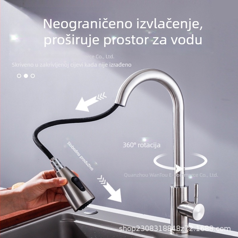 Izvlačni kuhinjski miješalica od nehrđajućeg čelika s zakrivljenim izljevom, topla i hladna voda, 2–3 načina protoka, 0–90°C