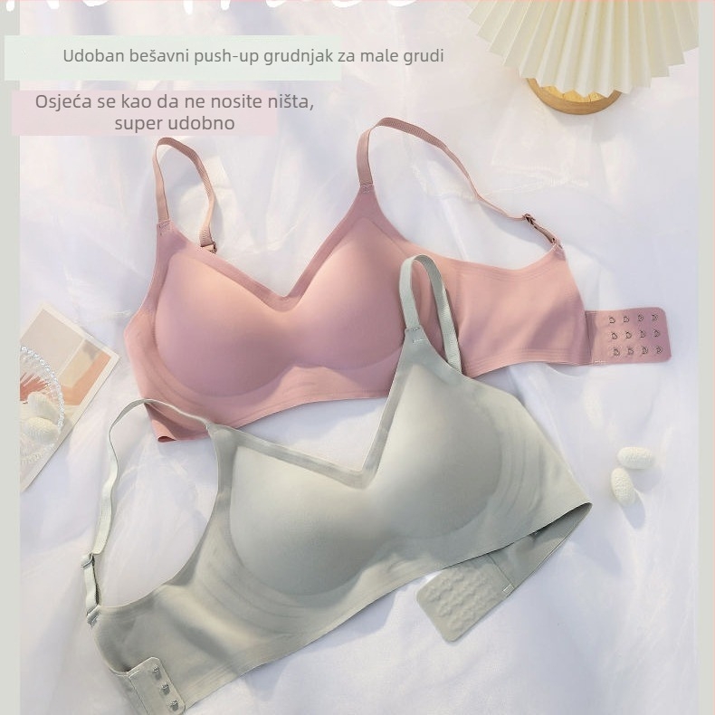 Bezšivna grudnjica s mekom podrškom, bez žice, nylon tkanina 80–90%, prozračna, oblikuje leđa, za žene