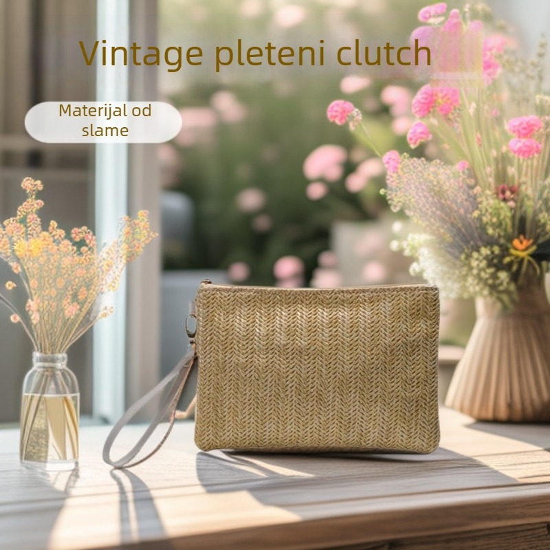 Damska clutch torbica od slame, horizontalni kvadratni oblik, zatvarač, poliester podstava, odvojiva ručka