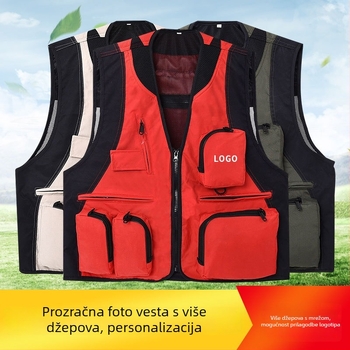 Vanjska vesta s više džepova, vodootporna, s logom, zip zatvaračem, bez kapulje, labav kroj