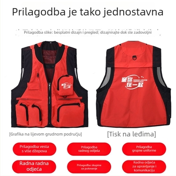 Vanjska vesta s više džepova, vodootporna, s logom, zip zatvaračem, bez kapulje, labav kroj
