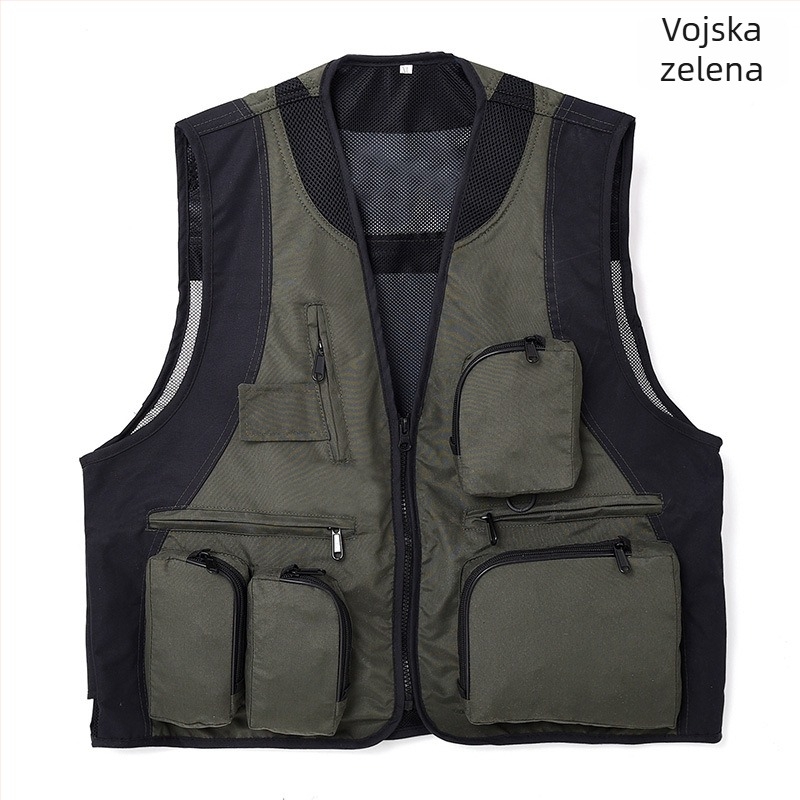 Vanjska vesta s više džepova, vodootporna, s logom, zip zatvaračem, bez kapulje, labav kroj