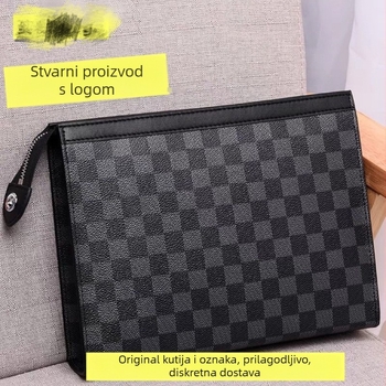 Muška kožna clutch torbica s kariranim uzorkom - Ulični stil, Koža prvog sloja, Poliester podstava, Mini Dragon