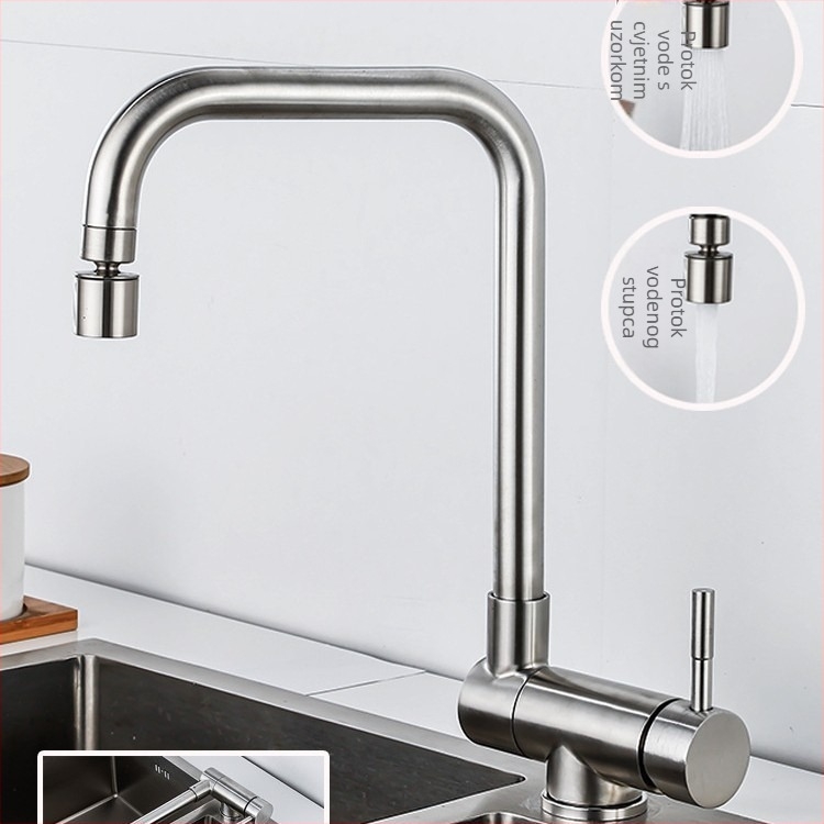 Kuhinjski faucet Hj-s010, 304 nehrđajući čelik, keramički disk ventil, nazivni tlak 0,5–1,0 MPa, radna temperatura 0–90 °C