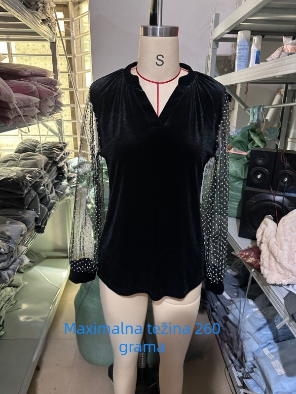 Baršunasta bluza s patchworkom od čipke, dugi rukav, V izrez, jednobojna, elegantan dizajn