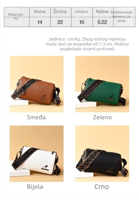 Crossbody torba od PU kože, horizontalni kvadratni oblik, veliki kapacitet, zatvarač.