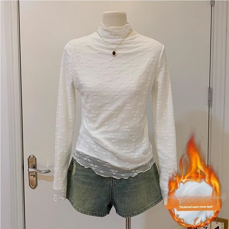 Chenille top s flisom, poluturtleneck ovratnik, rukavi princeze, jednobojan