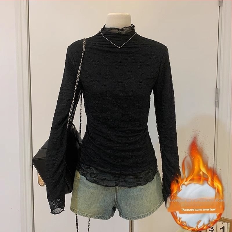 Chenille top s flisom, poluturtleneck ovratnik, rukavi princeze, jednobojan