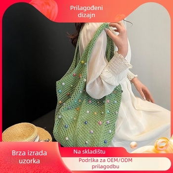 Ženska tote torba od slamnoga tkanja, horizontalni kvadratni oblik, otvoren vrh, poliester podstava, jedna naramenica