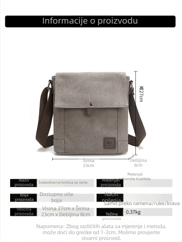 Muška crossbody torba od platna – velika zapremina, prozračna, otporna na habanje, podstava od poliestera, marka Yiku