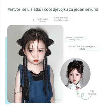 Dječja perika s repom i Bow pletenicama – pletenice od tri niti, dvostruka repa, mehanizam, vlakno otporno na visoku temperaturu