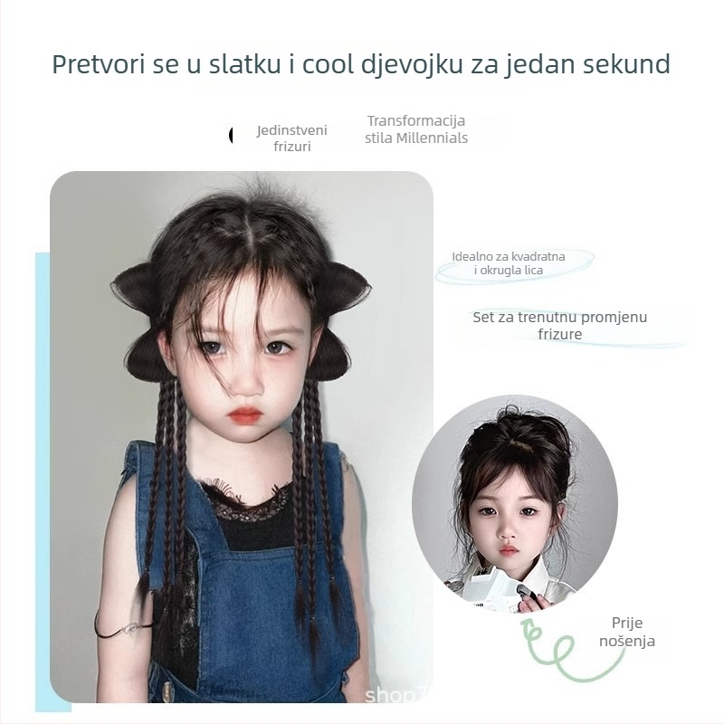 Dječja perika s repom i Bow pletenicama – pletenice od tri niti, dvostruka repa, mehanizam, vlakno otporno na visoku temperaturu