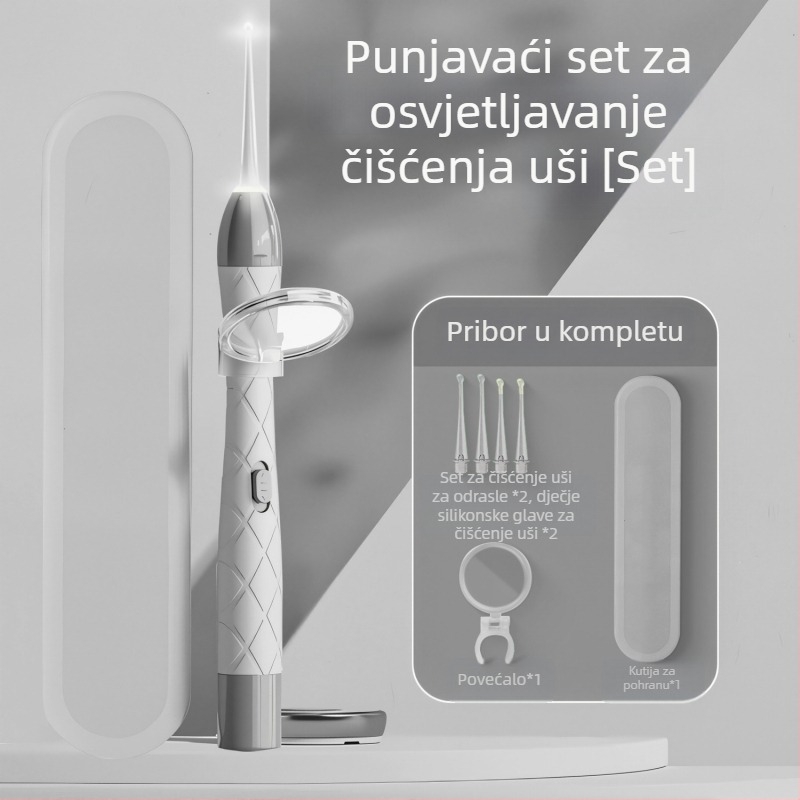 Svjetleći žličica za uho set, puni se, dvostruki izvor svjetla, vizualna inspekcija ušnog kanala, PVC