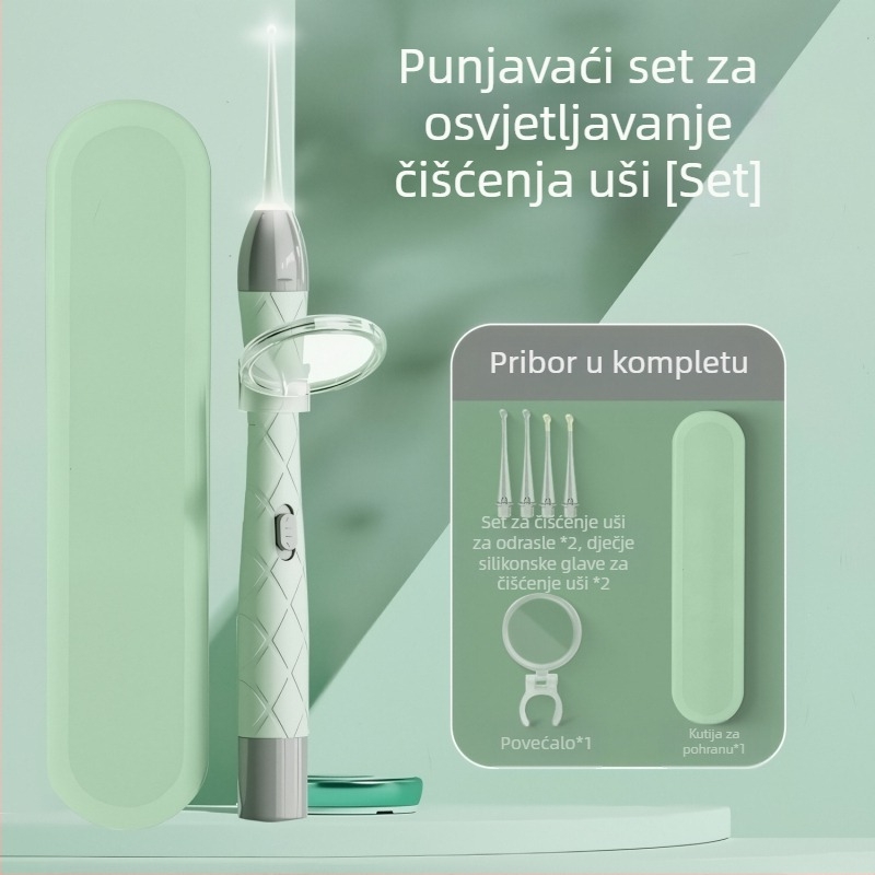 Svjetleći žličica za uho set, puni se, dvostruki izvor svjetla, vizualna inspekcija ušnog kanala, PVC