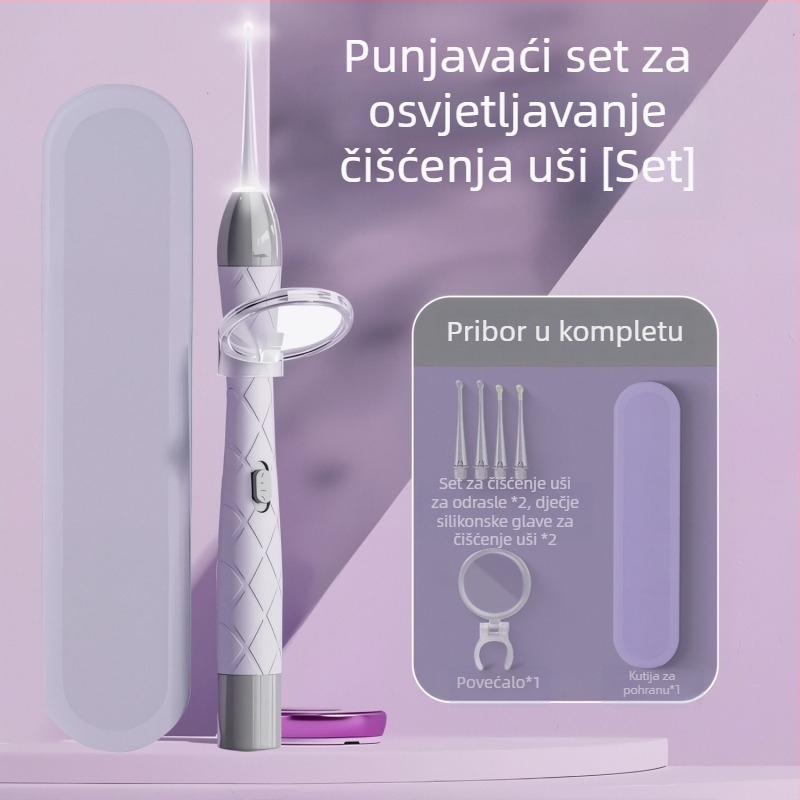 Svjetleći žličica za uho set, puni se, dvostruki izvor svjetla, vizualna inspekcija ušnog kanala, PVC