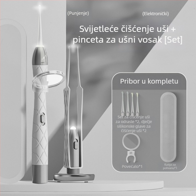 Svjetleći žličica za uho set, puni se, dvostruki izvor svjetla, vizualna inspekcija ušnog kanala, PVC