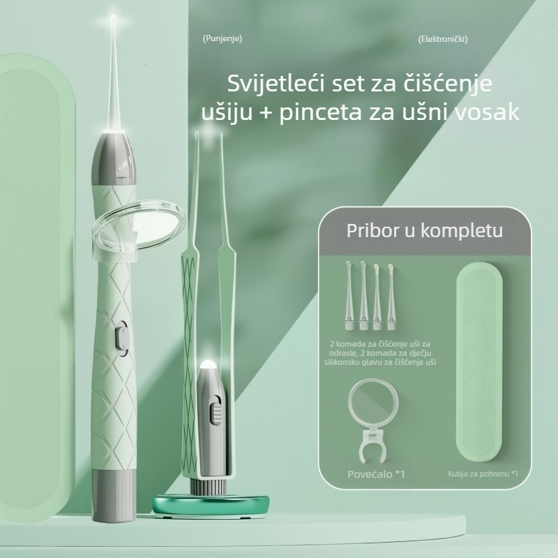Svjetleći žličica za uho set, puni se, dvostruki izvor svjetla, vizualna inspekcija ušnog kanala, PVC