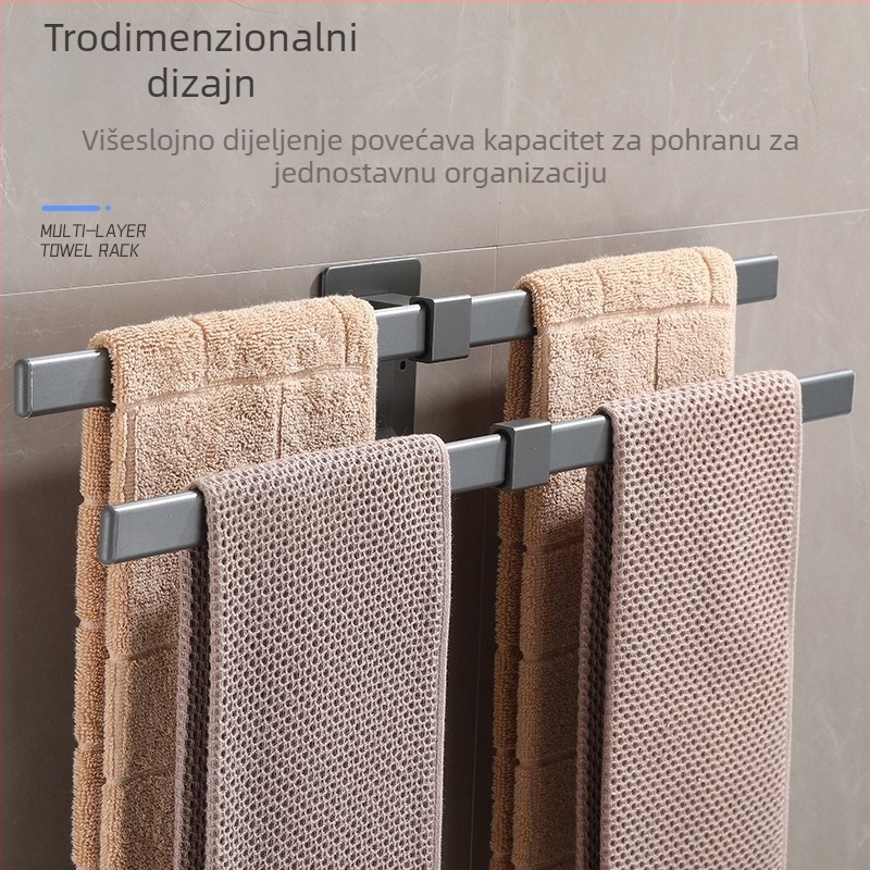 Zidni držač za ručnike od aluminijske legure, dvostruki sloj, bez bušenja, završna obrada: pečeni lak, otporan na hrđu, nosivost 10 kg