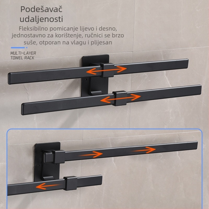 Zidni držač za ručnike od aluminijske legure, dvostruki sloj, bez bušenja, završna obrada: pečeni lak, otporan na hrđu, nosivost 10 kg