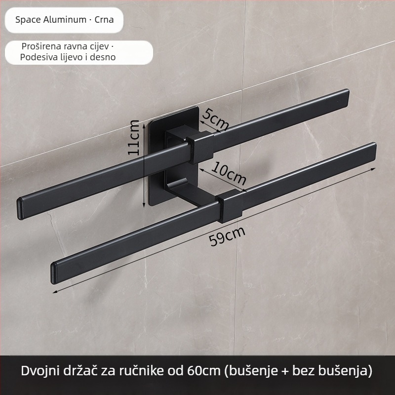 Zidni držač za ručnike od aluminijske legure, dvostruki sloj, bez bušenja, završna obrada: pečeni lak, otporan na hrđu, nosivost 10 kg