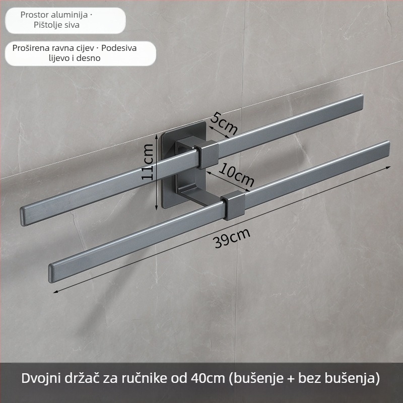 Zidni držač za ručnike od aluminijske legure, dvostruki sloj, bez bušenja, završna obrada: pečeni lak, otporan na hrđu, nosivost 10 kg