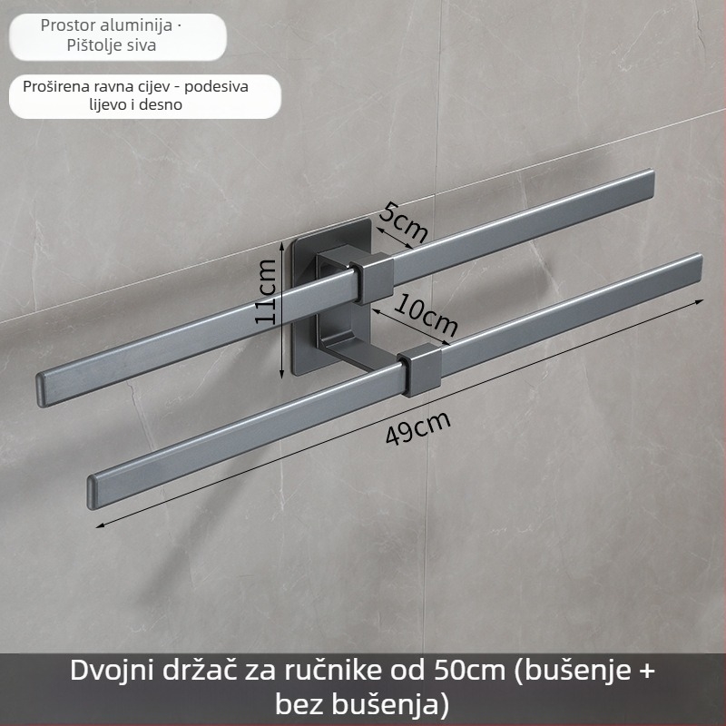 Zidni držač za ručnike od aluminijske legure, dvostruki sloj, bez bušenja, završna obrada: pečeni lak, otporan na hrđu, nosivost 10 kg