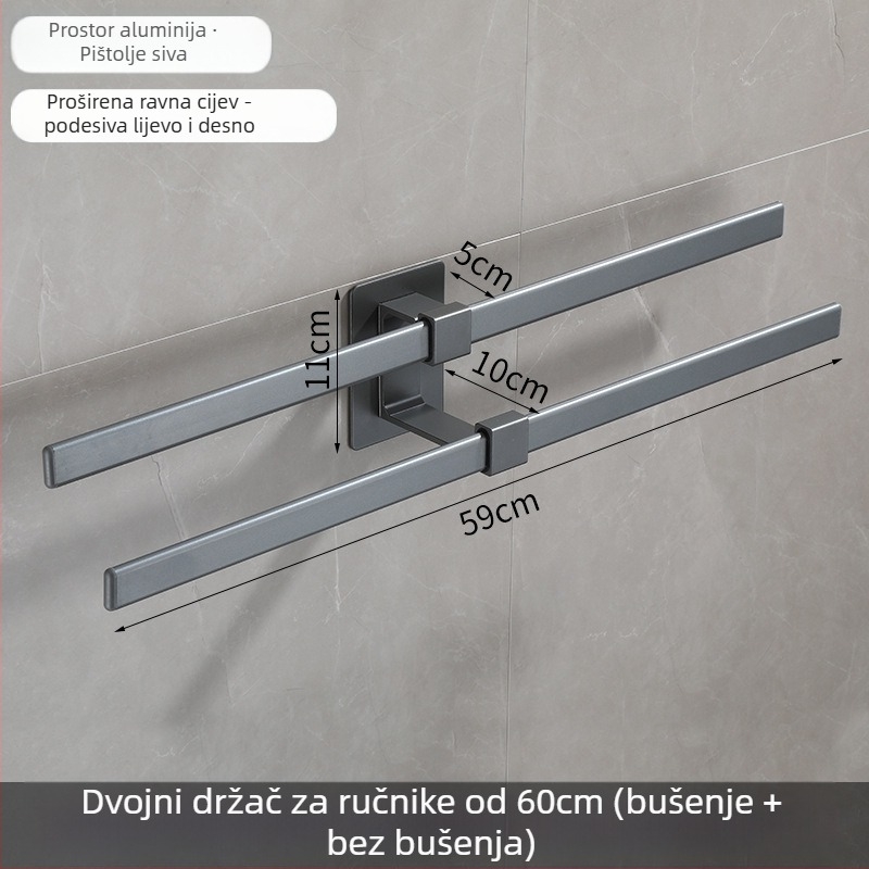 Zidni držač za ručnike od aluminijske legure, dvostruki sloj, bez bušenja, završna obrada: pečeni lak, otporan na hrđu, nosivost 10 kg