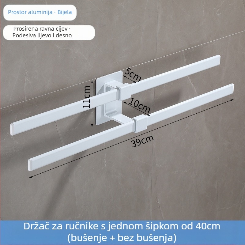Zidni držač za ručnike od aluminijske legure, dvostruki sloj, bez bušenja, završna obrada: pečeni lak, otporan na hrđu, nosivost 10 kg