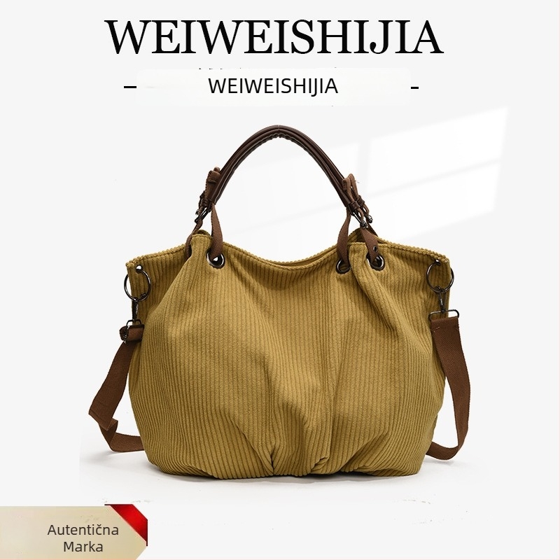 Corduroy tote torba, velika kapaciteta, zatvaranje zipom, unutarnji džepovi (zip džep, džep za telefon)