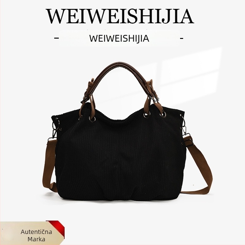 Corduroy tote torba, velika kapaciteta, zatvaranje zipom, unutarnji džepovi (zip džep, džep za telefon)