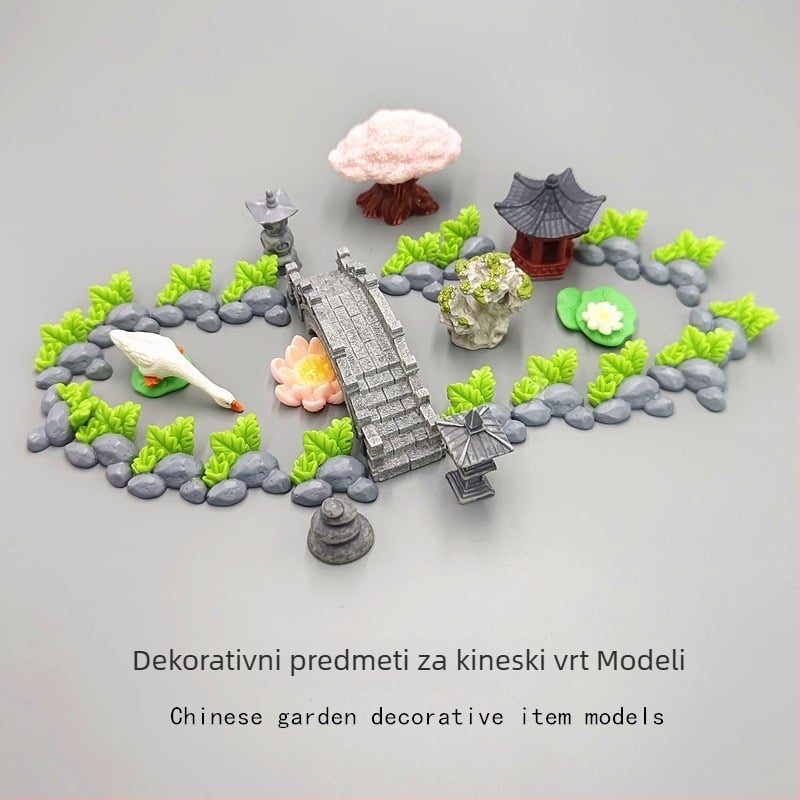 Miniaturni ukras od smole – antički stil vrtna scena s pavilo, lotosom, ribnjakom i lukobranskim mostom (Materijal: smola; Tip materijala: plastika, smola; Kategorija: rukotvorine od smole; Stil: crtani)