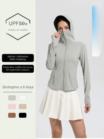 Ženski lagani kaputić za zaštitu od UV-a, s kapuljačom, od nylon spandex smjese, UPF50+, dugi rukavi, zatvarač, duljina 50–65 cm, prozračan