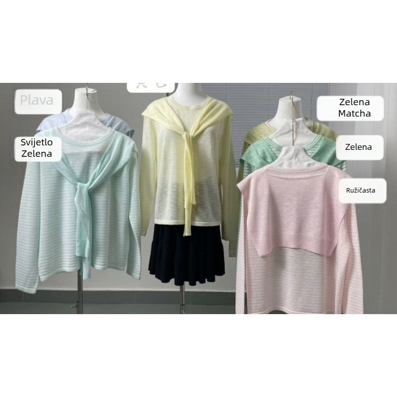 Pletena bluza za zaštitu od sunca s prugama, UPF50+, slim kroj, pulover, poliester